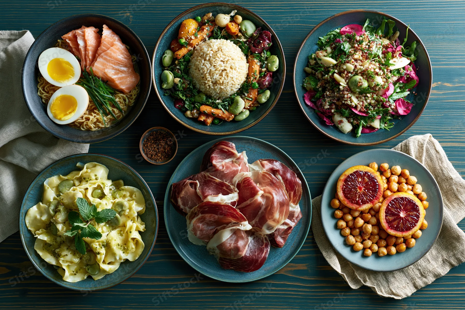 Six varied meal bowls and plates arranged on a blue wooden table in overhead flat lay