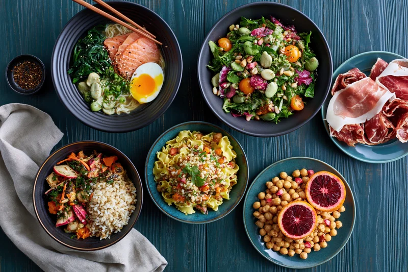 Overhead flat lay of six varied meal bowls and plates spread on a dark wooden table