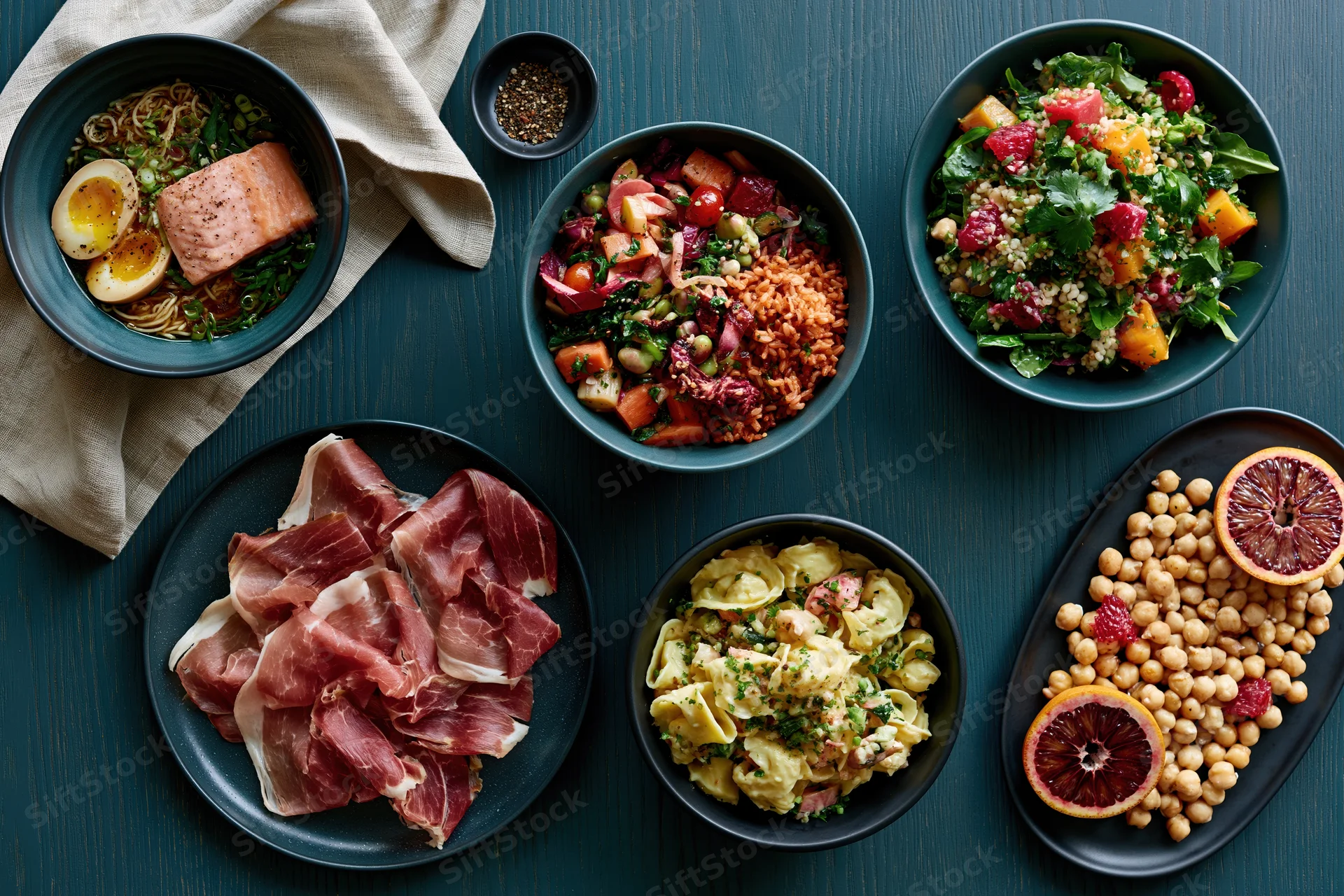 Overhead flat lay of six varied meal bowls and plates arranged on a dark wooden table