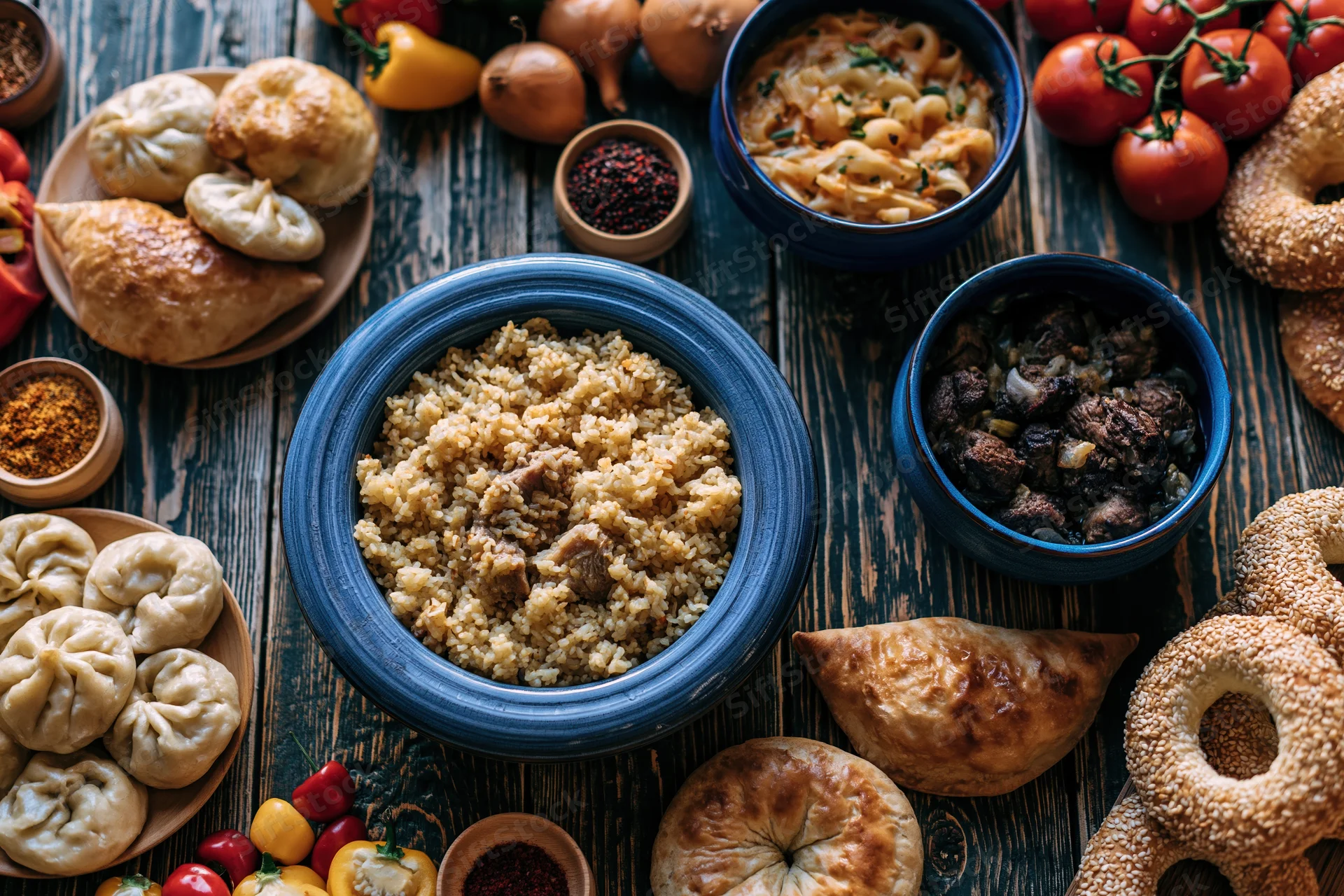 Traditional central asian plov rice dish served with dumplings and bread on wooden table