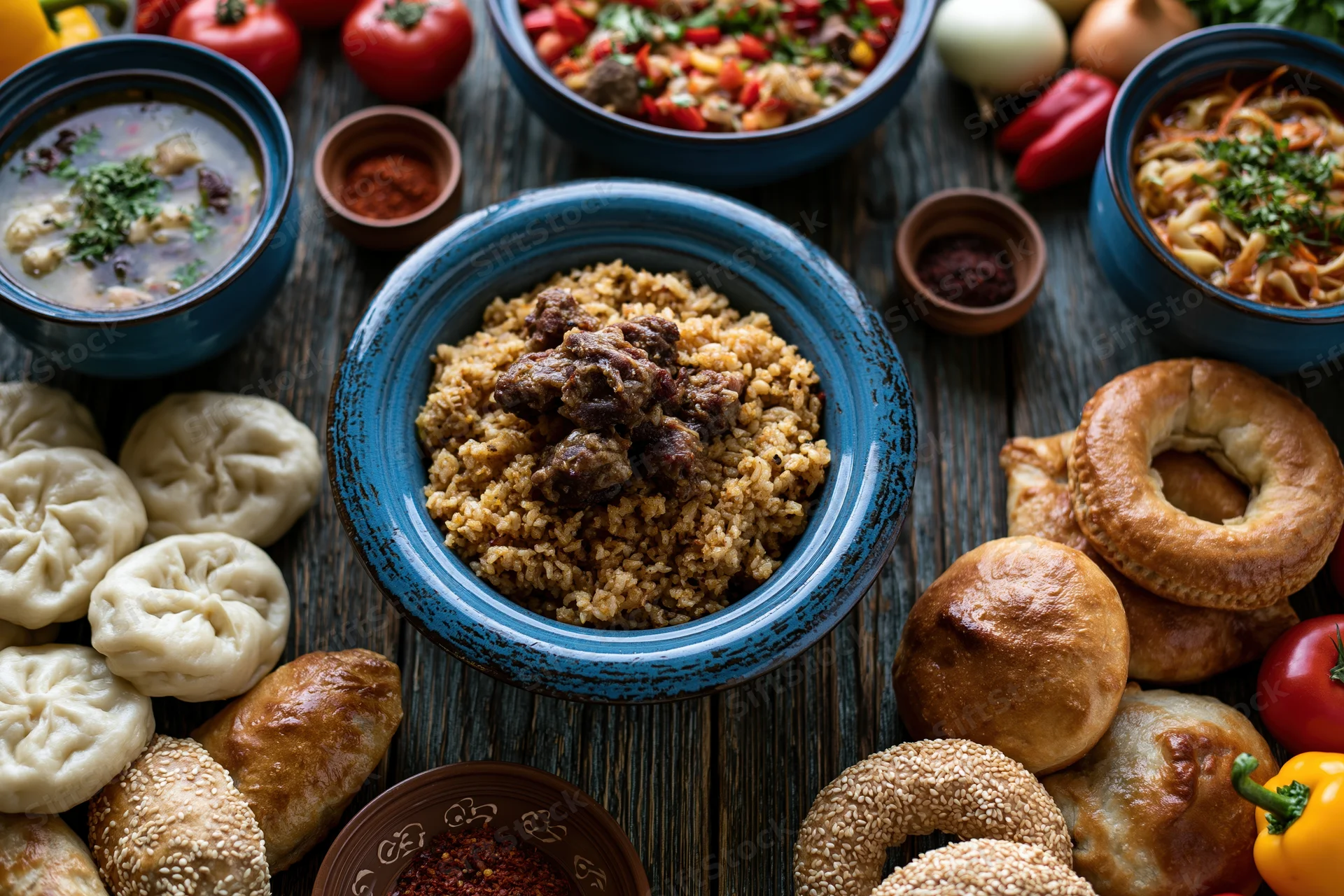 Traditional central asian plov with meat and rice served on wooden table surrounded by bread dumplings and vegetables