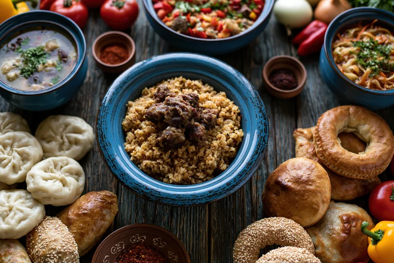 Traditional central asian plov with meat and rice served on wooden table surrounded by bread dumplings and vegetables