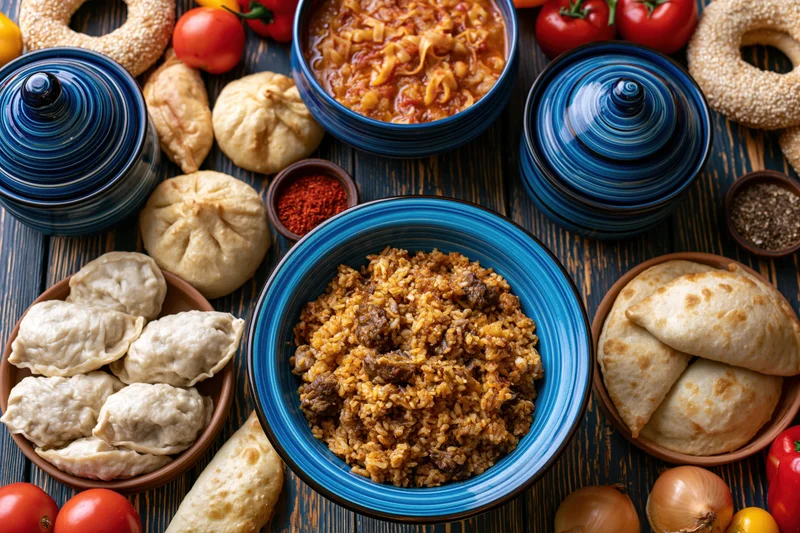 Overhead flat lay of traditional Central Asian plov with meat, rice, dumplings, naan, and vegetables on a wooden table