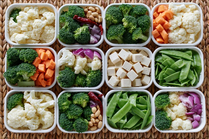 Overhead of twelve plastic takeaway trays filled with vegetables