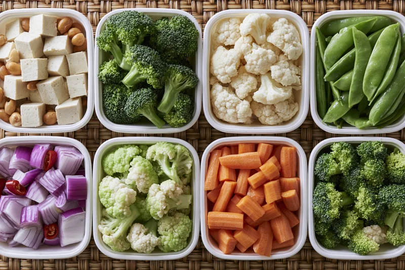 Twelve white plastic trays filled with chopped vegetables and tofu arranged in grid on woven mat