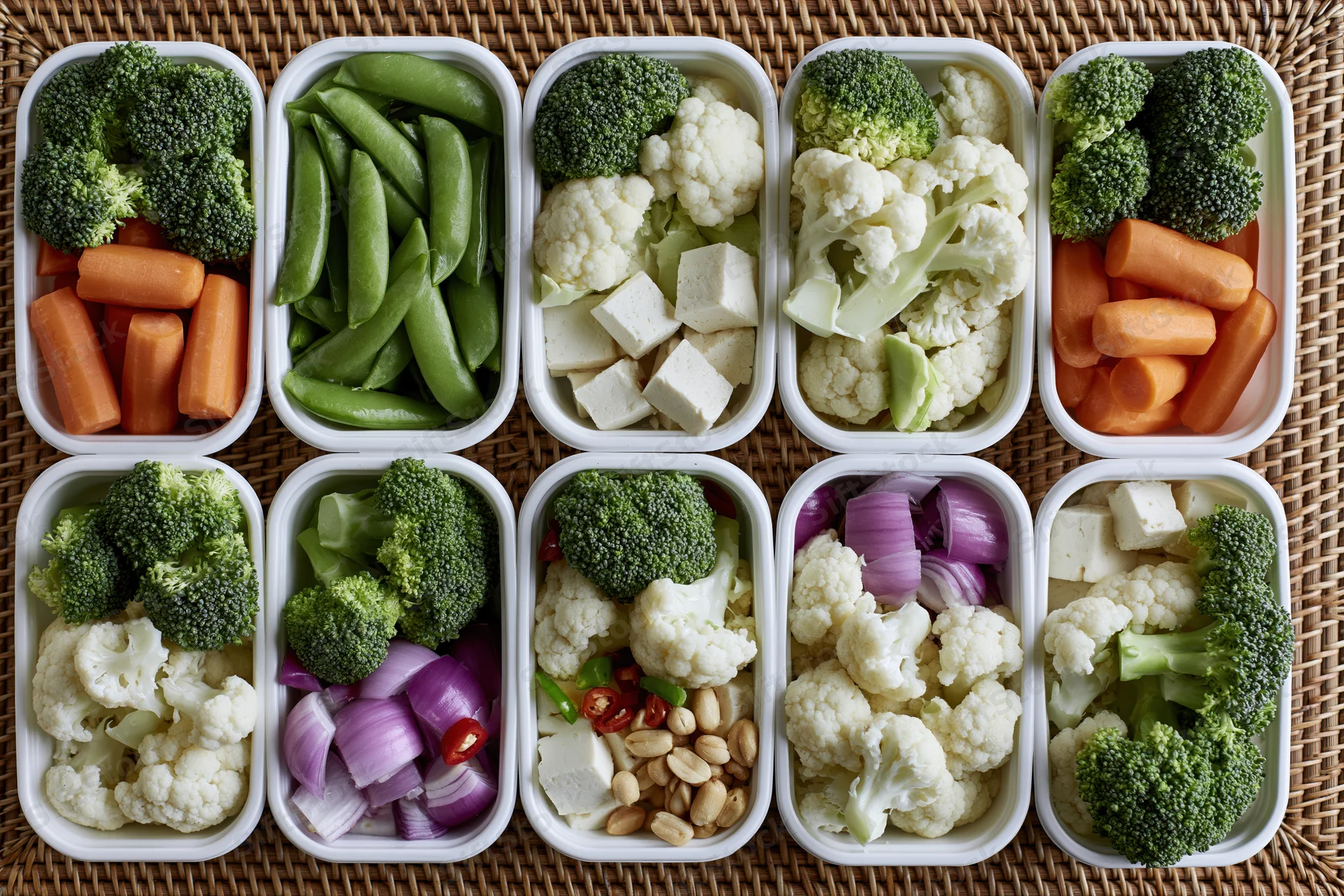 Twelve white plastic trays filled with assorted vegetables and tofu arranged in a grid on a woven mat