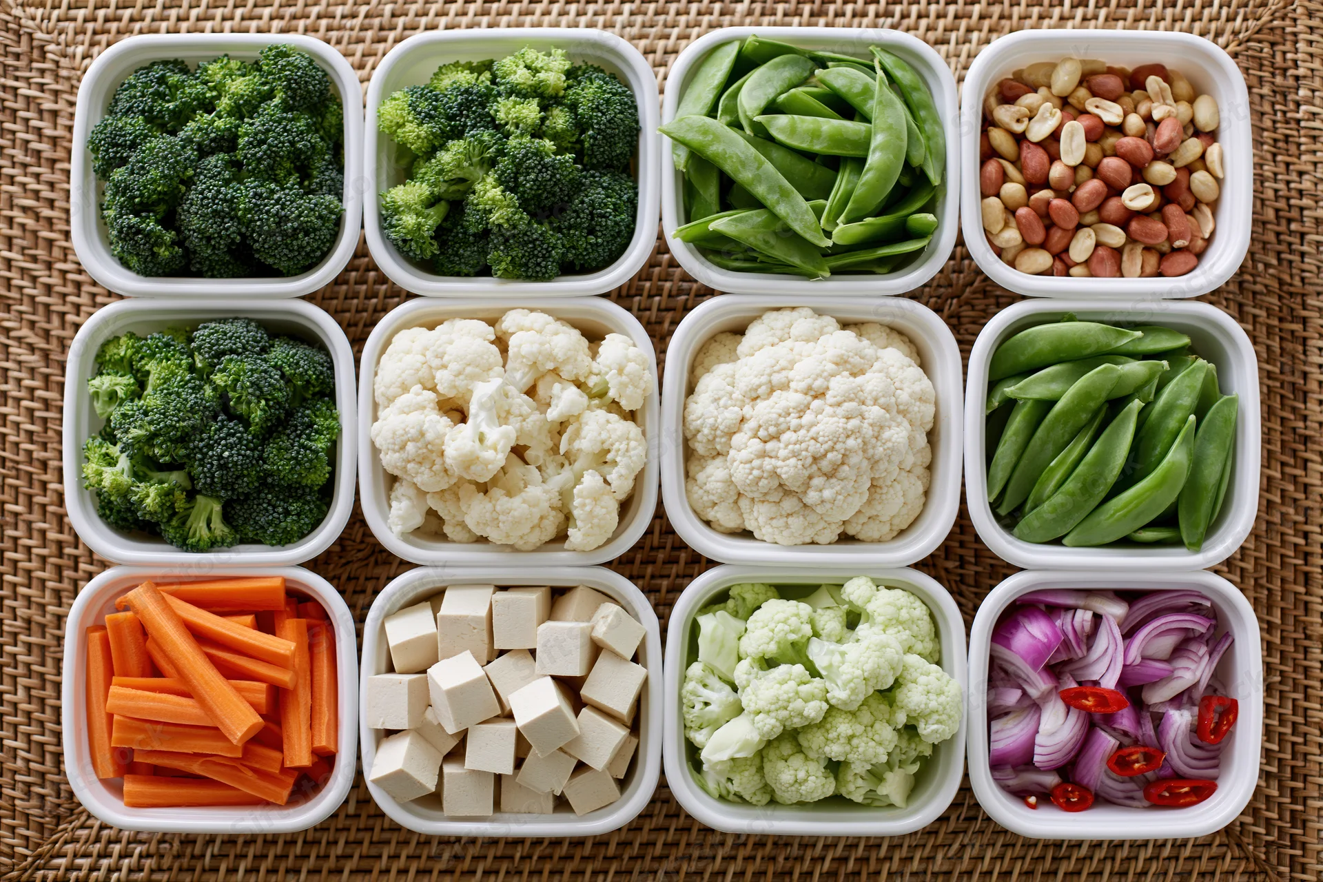 Twelve white plastic trays arranged in grid holding various chopped vegetables and tofu on woven mat