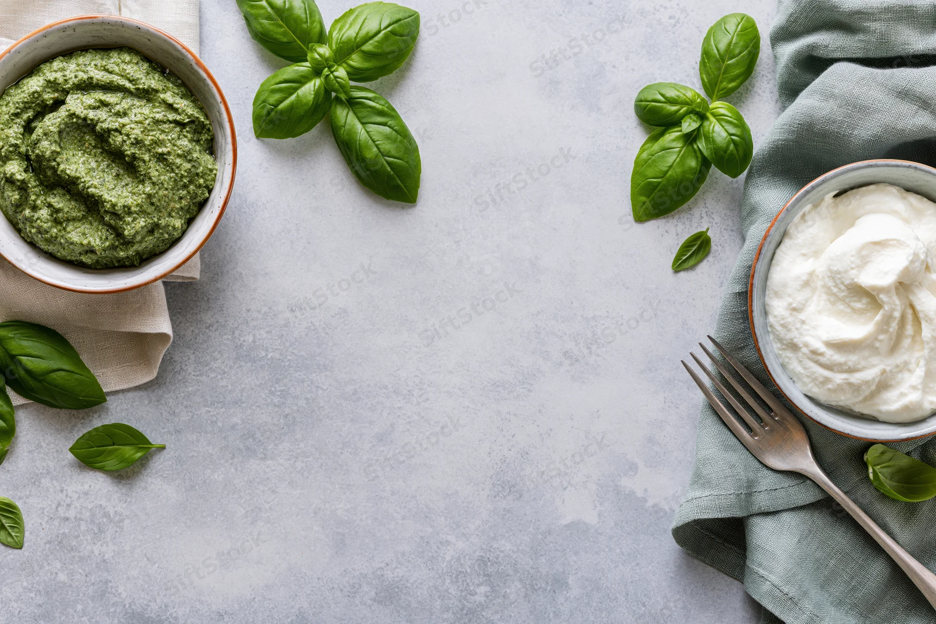 Two ceramic bowls with green pesto and white ricotta cheese arranged on a gray surface with fresh basil leaves and a fork nearby