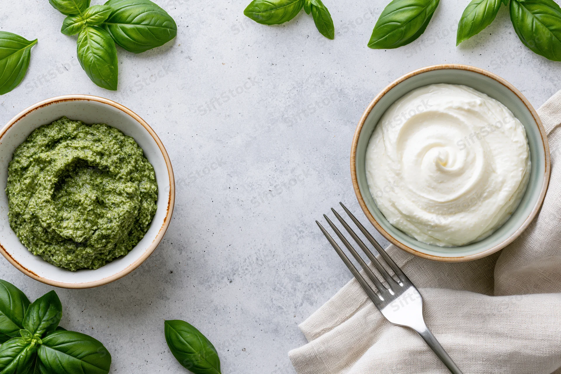 Flat lay of ceramic bowls containing green pesto and white cream