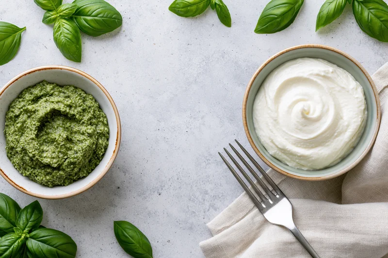Two ceramic bowls with pesto and ricotta on a marble countertop, surrounded by fresh basil leaves and a fork on a napkin