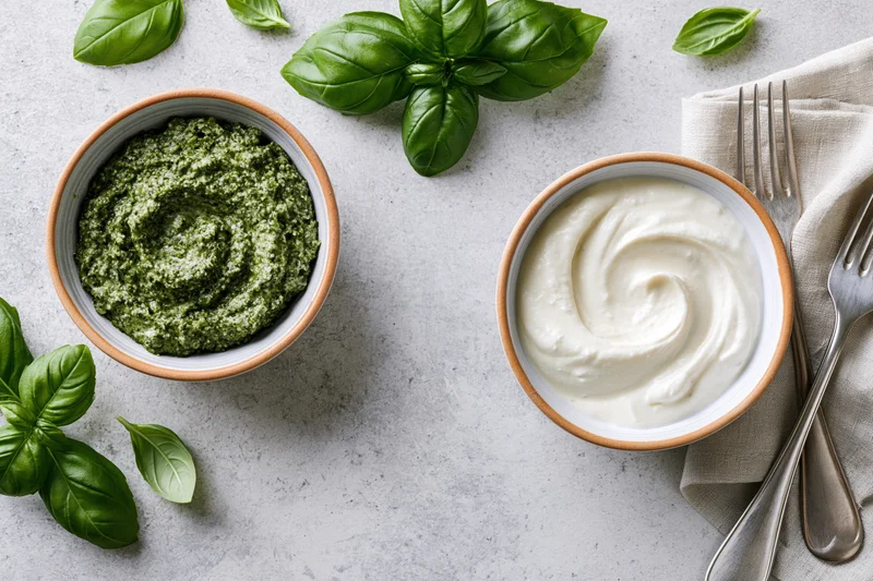Two ceramic bowls with green pesto and white cream sauce arranged on a countertop with fresh basil leaves and cutlery