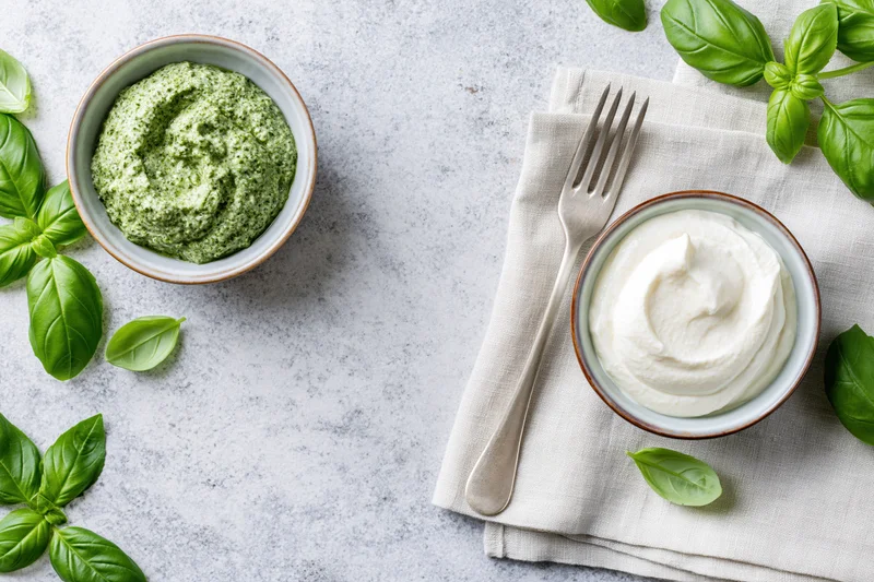Two ceramic bowls with green pesto and white cream on a textured surface with basil leaves and a fork on a napkin