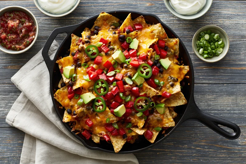 Loaded nachos in a cast iron skillet with cheese, jalapenos, avocado, and toppings on a wooden table