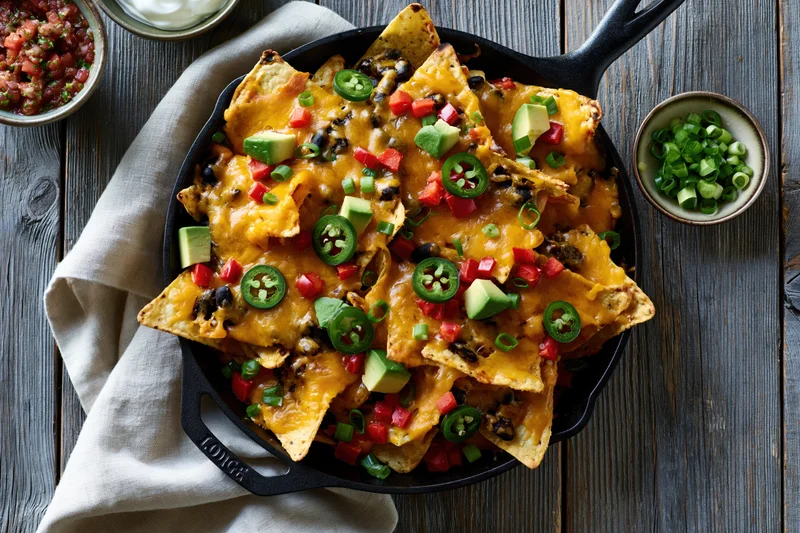 Loaded nachos with cheese, beans, avocado, and jalapeno in a cast iron skillet on a wooden table