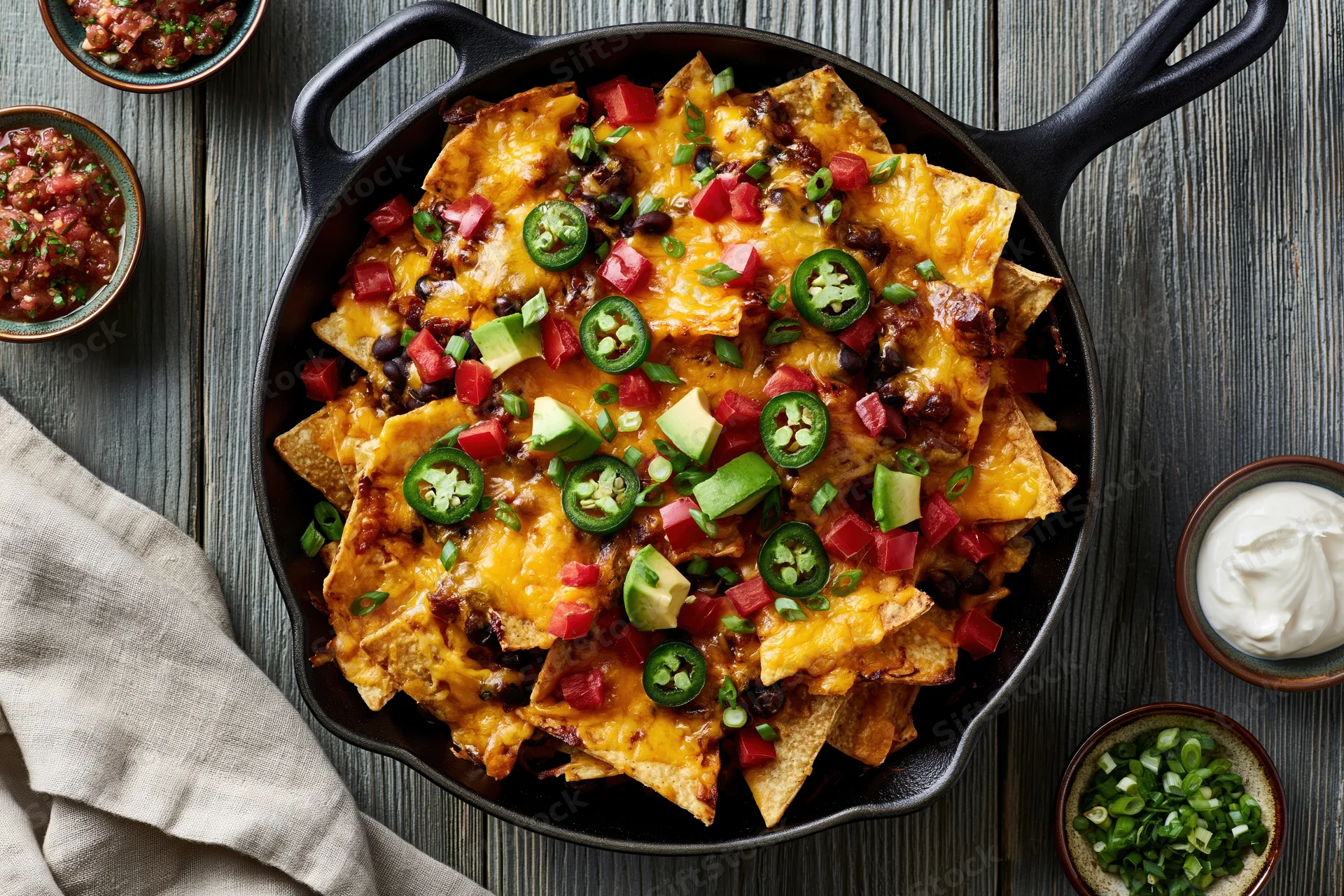 Loaded nachos in a cast iron skillet with cheese, jalapenos, avocado, tomatoes, black beans, and sour cream on a wooden table