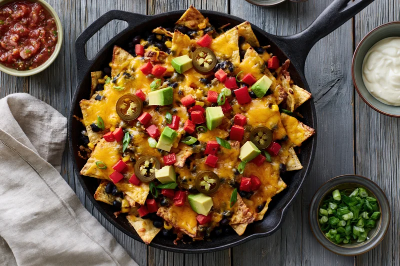 Loaded nachos in a cast iron skillet with cheese, jalapenos, avocado, tomatoes, black beans, and sour cream on a wooden table
