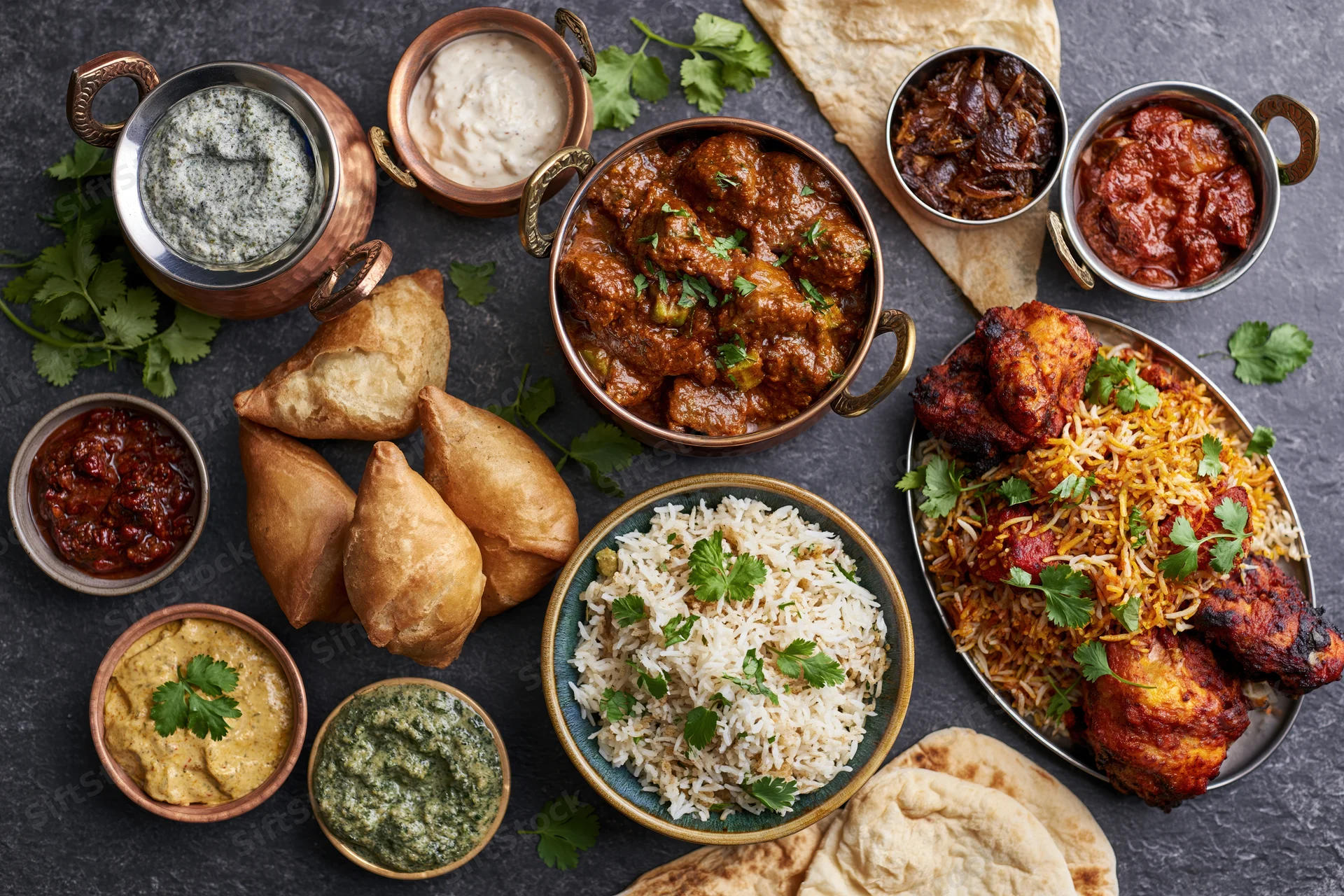 Overhead spread of indian dishes arranged on dark slate surface