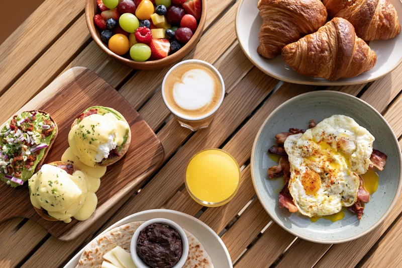 Overhead view of a brunch spread with eggs benedict, croissants, fruit, coffee and orange juice on a wooden table