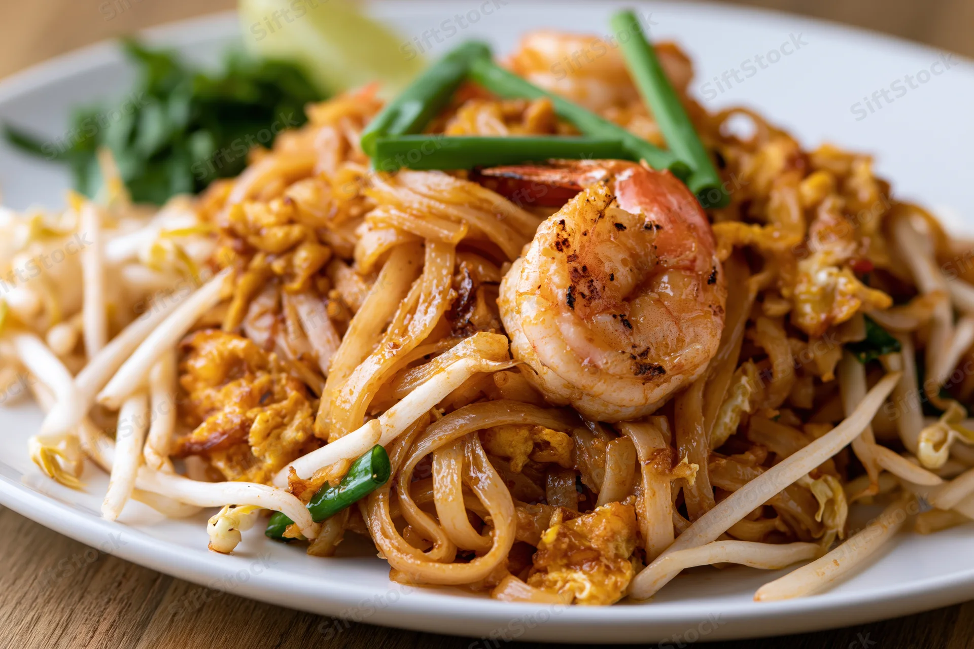 Pad thai noodles with grilled shrimp and scrambled egg served on a white plate with bean sprouts and green onions