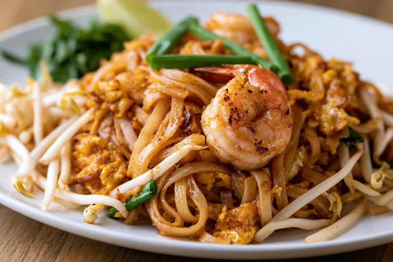 Pad thai noodles with grilled shrimp and scrambled egg served on a white plate with bean sprouts and green onions