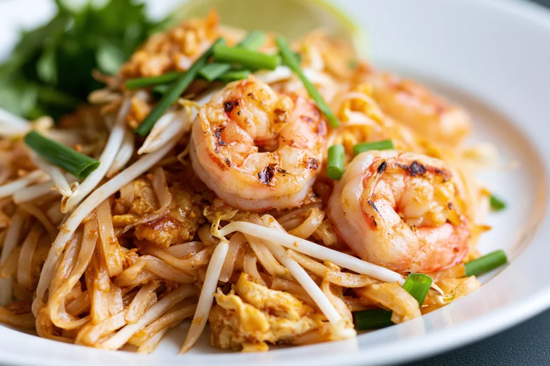 Pad thai noodles with grilled shrimp and scrambled egg served on a white plate