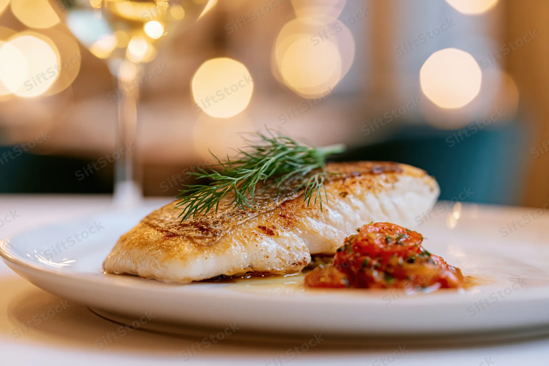 Pan-seared fish fillet with golden crust and dill garnish on white plate with tomato sauce and wine glass in background