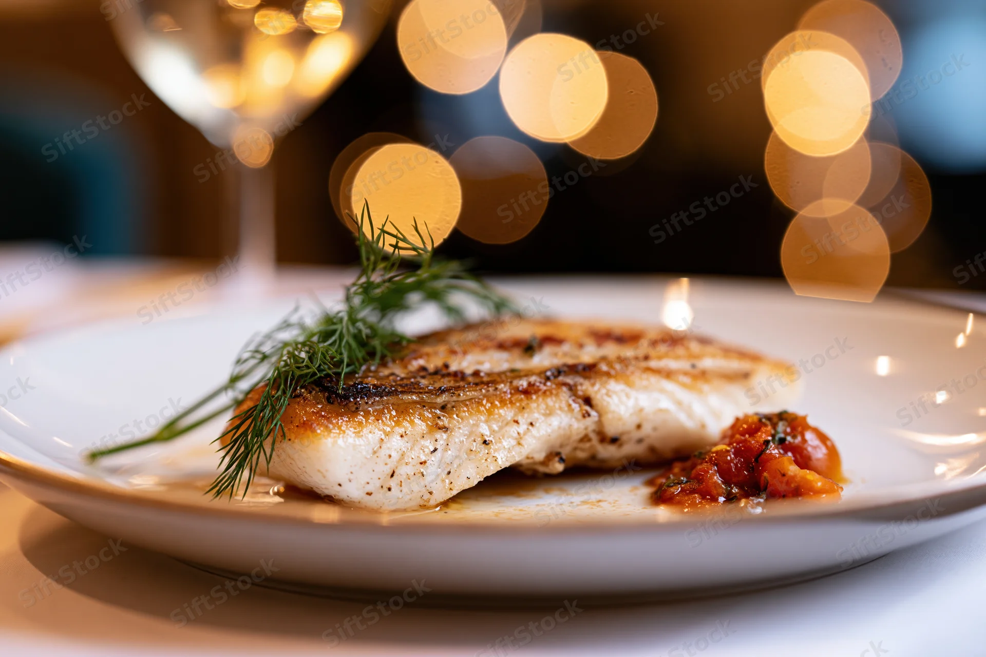 Pan-seared fish fillet with golden crust and dill garnish on white plate with wine glass and bokeh lights in background
