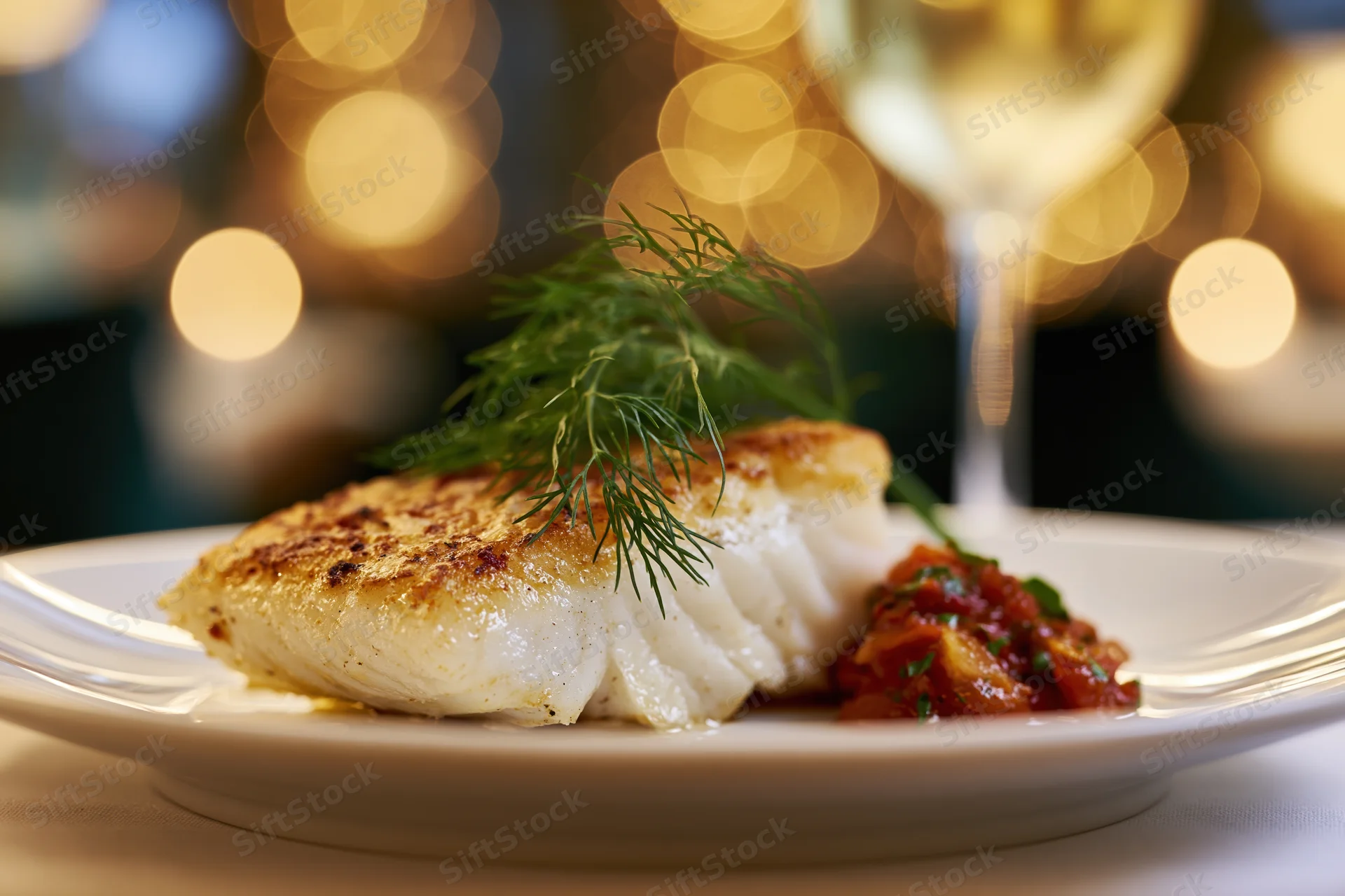 Pan-seared fish fillet with golden crust and dill garnish on white plate with wine glass and warm bokeh lights in background