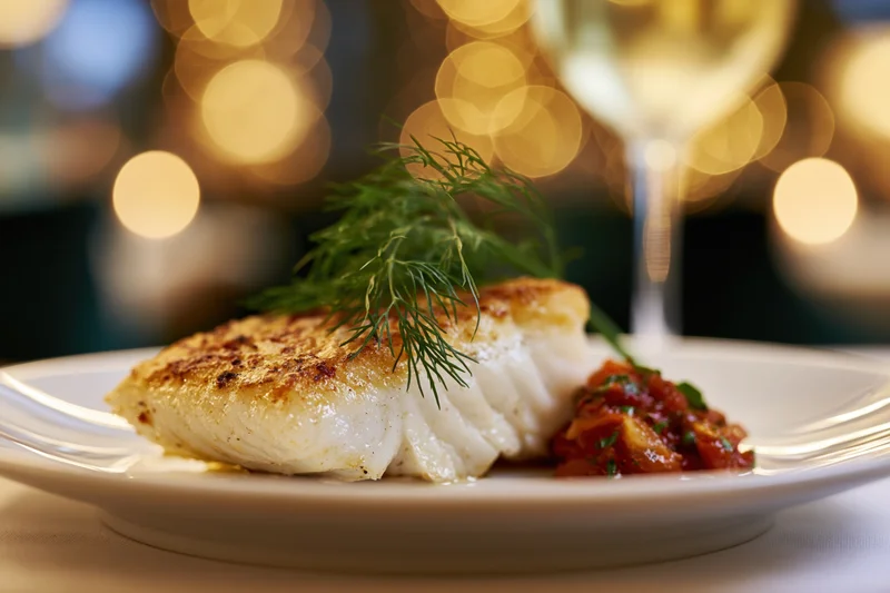 Pan-seared fish fillet with golden crust and dill garnish on white plate with wine glass and warm bokeh lights in background