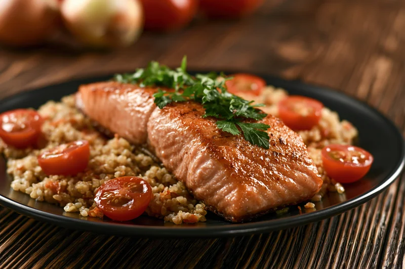 Pan-seared salmon fillet with golden crust served on quinoa and cherry tomatoes on a black plate