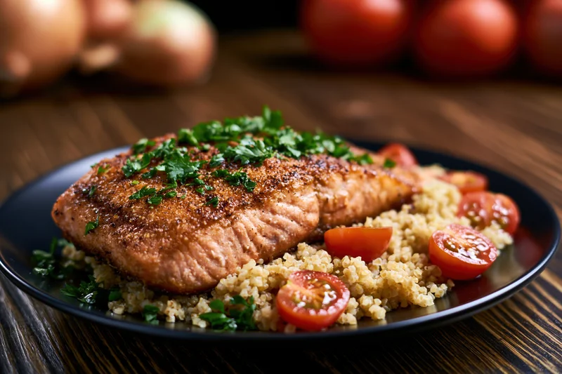 Pan-seared salmon fillet with golden-brown crust served on quinoa with cherry tomatoes and parsley on a black plate on wooden table