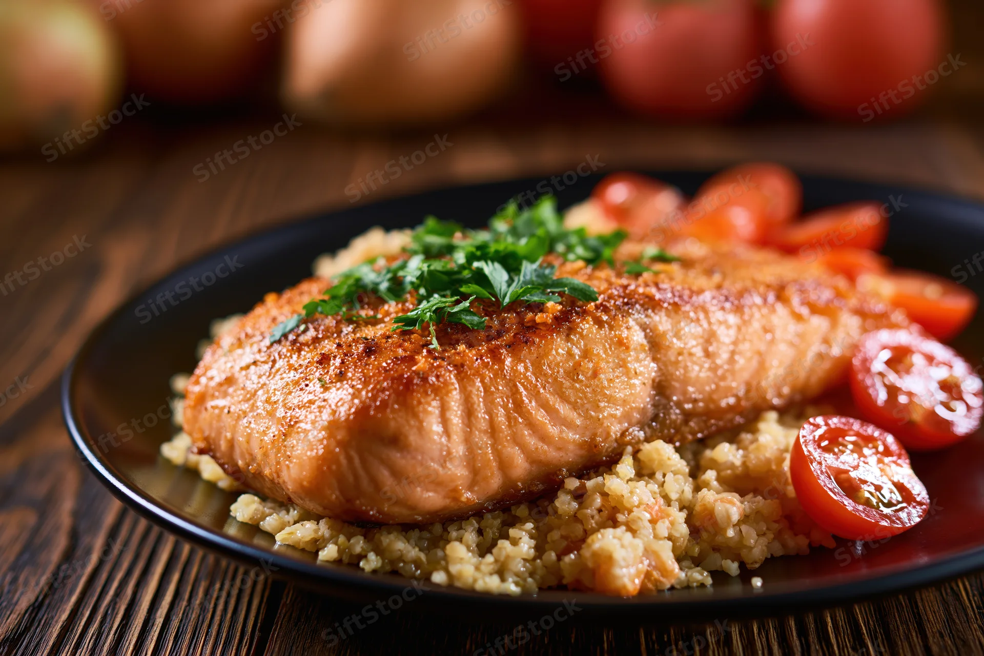 Pan-seared salmon fillet with golden crust on quinoa and cherry tomatoes on a black plate