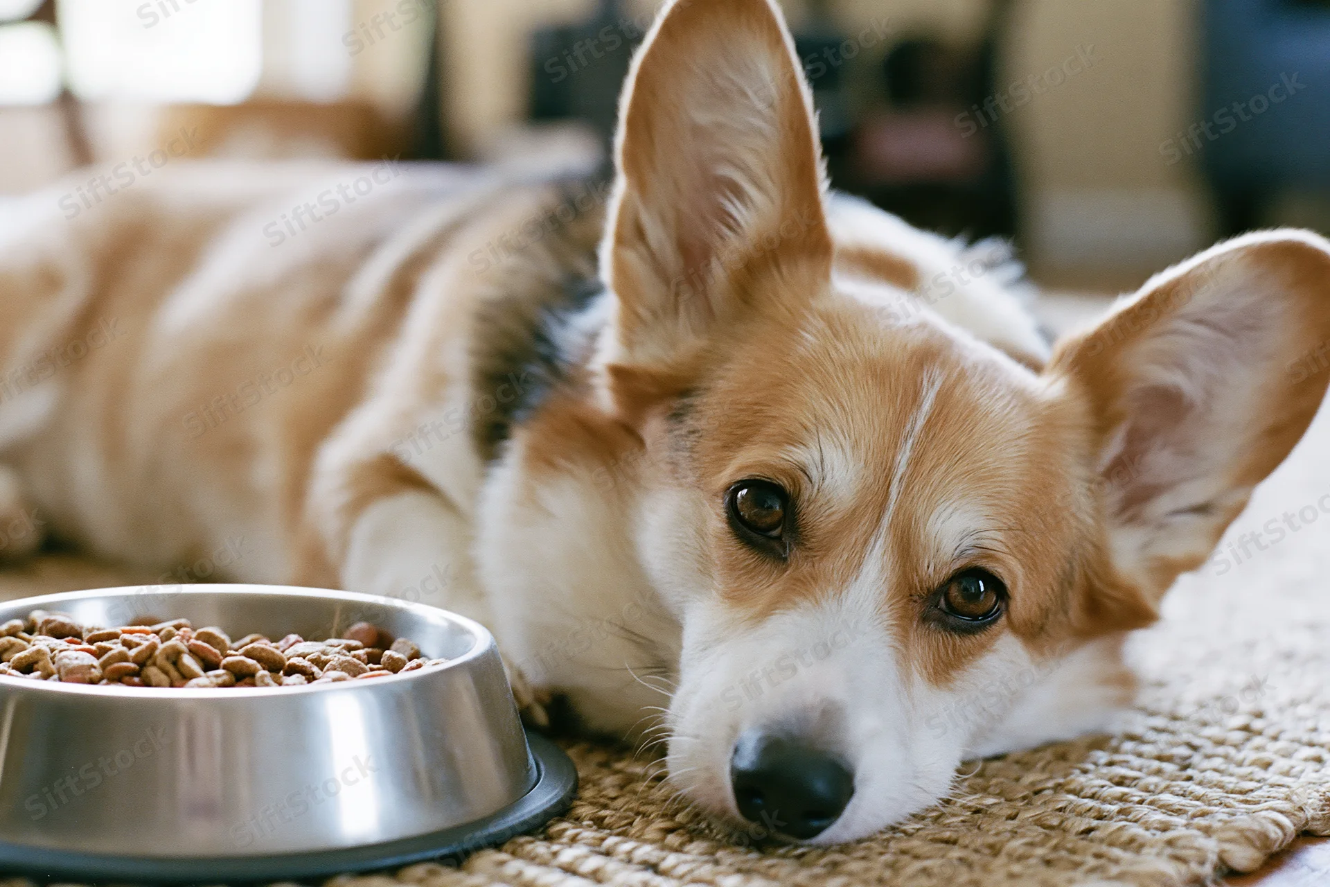 Pembroke welsh corgi lying on rug with head near metal food bowl indoors