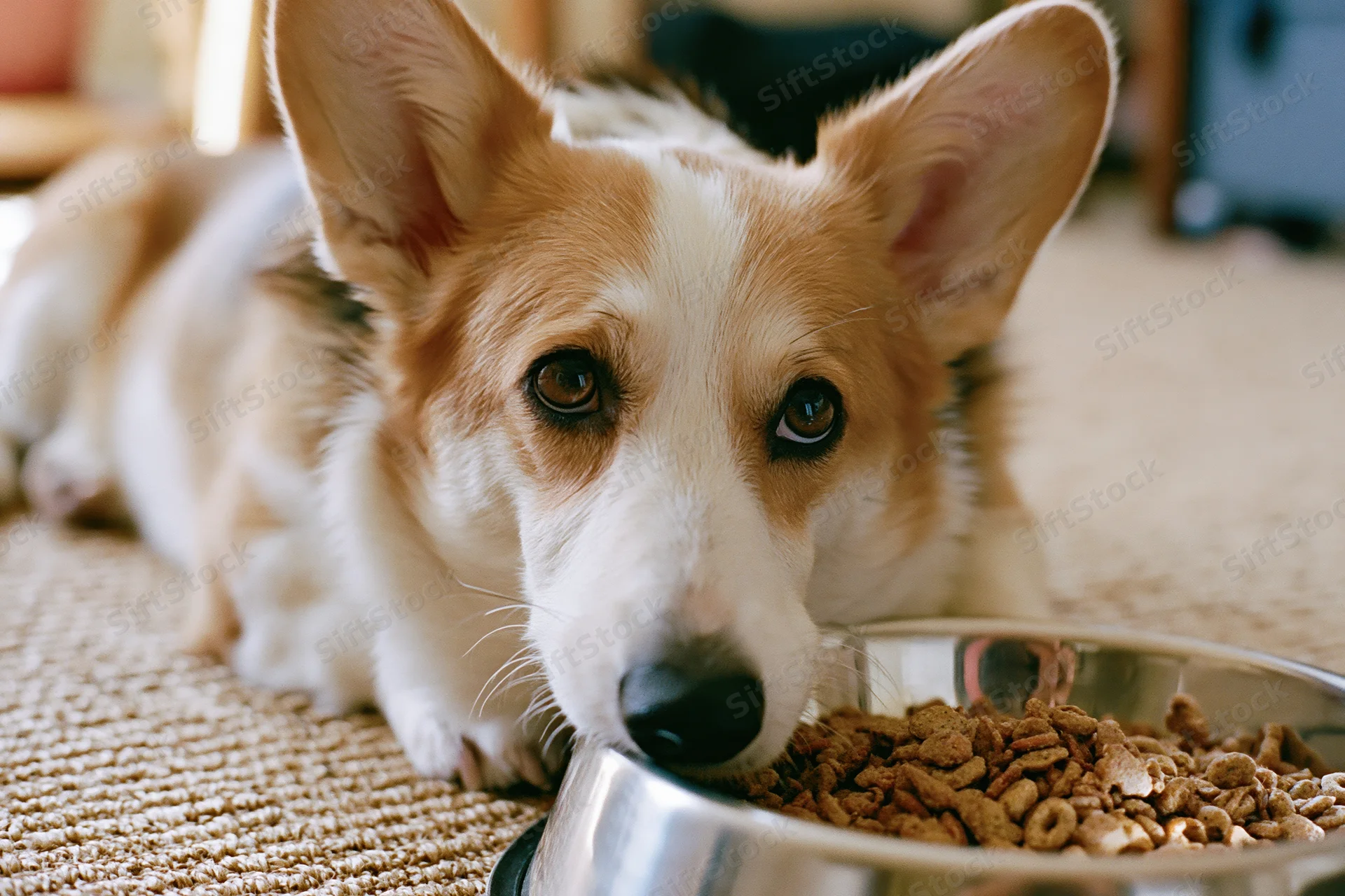 Pembroke welsh corgi lying on carpet with chin near metal food bowl filled with kibble