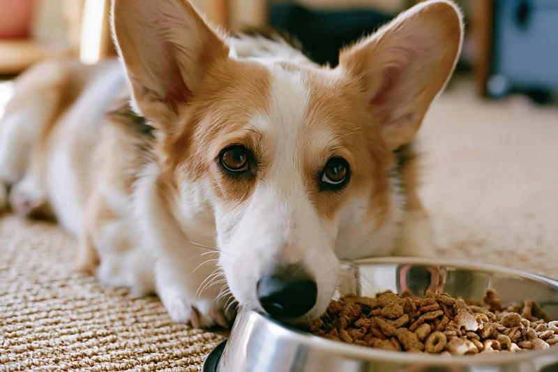 Pembroke welsh corgi lying on carpet with chin near metal food bowl filled with kibble