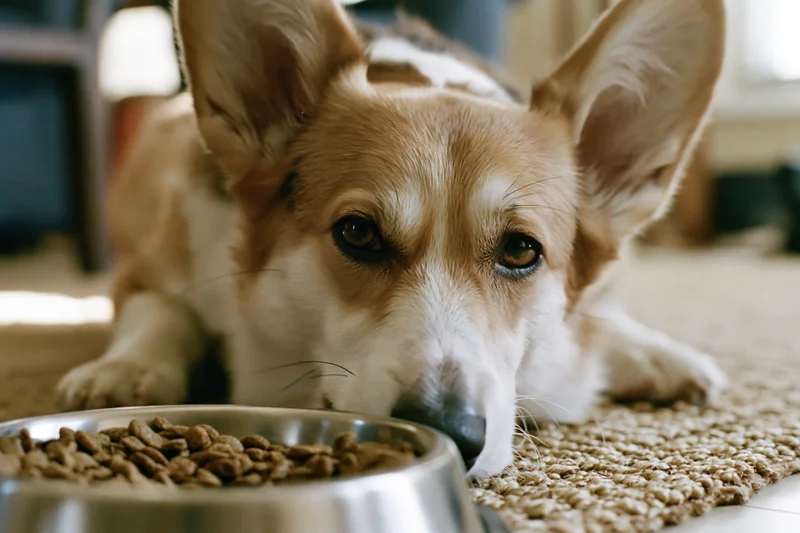 Pembroke welsh corgi lying on carpet with chin near metal food bowl in home interior