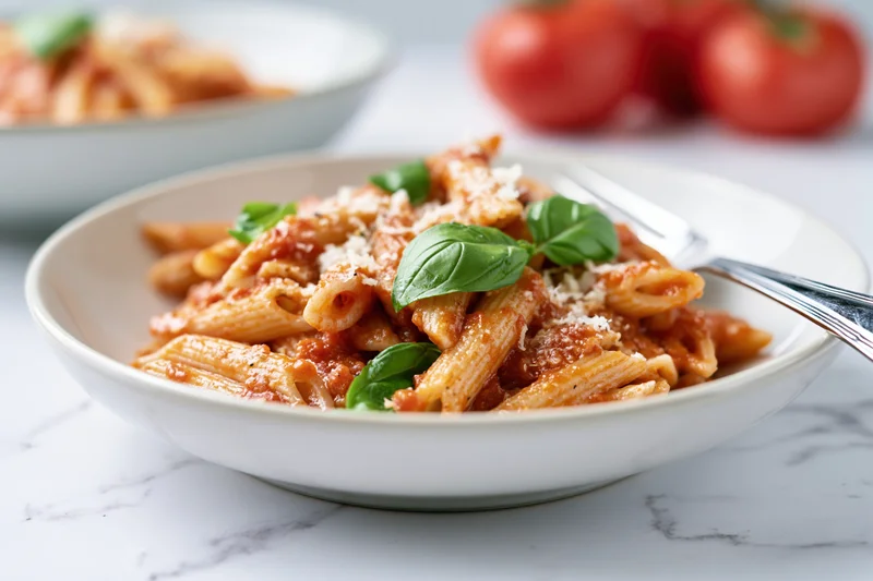 Penne pasta in tomato sauce with basil and parmesan on a white ceramic plate on a marble countertop