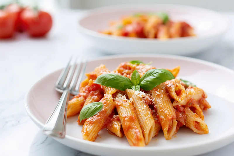 Penne pasta in tomato sauce with basil and cheese on a white plate with fork beside it on a marble table