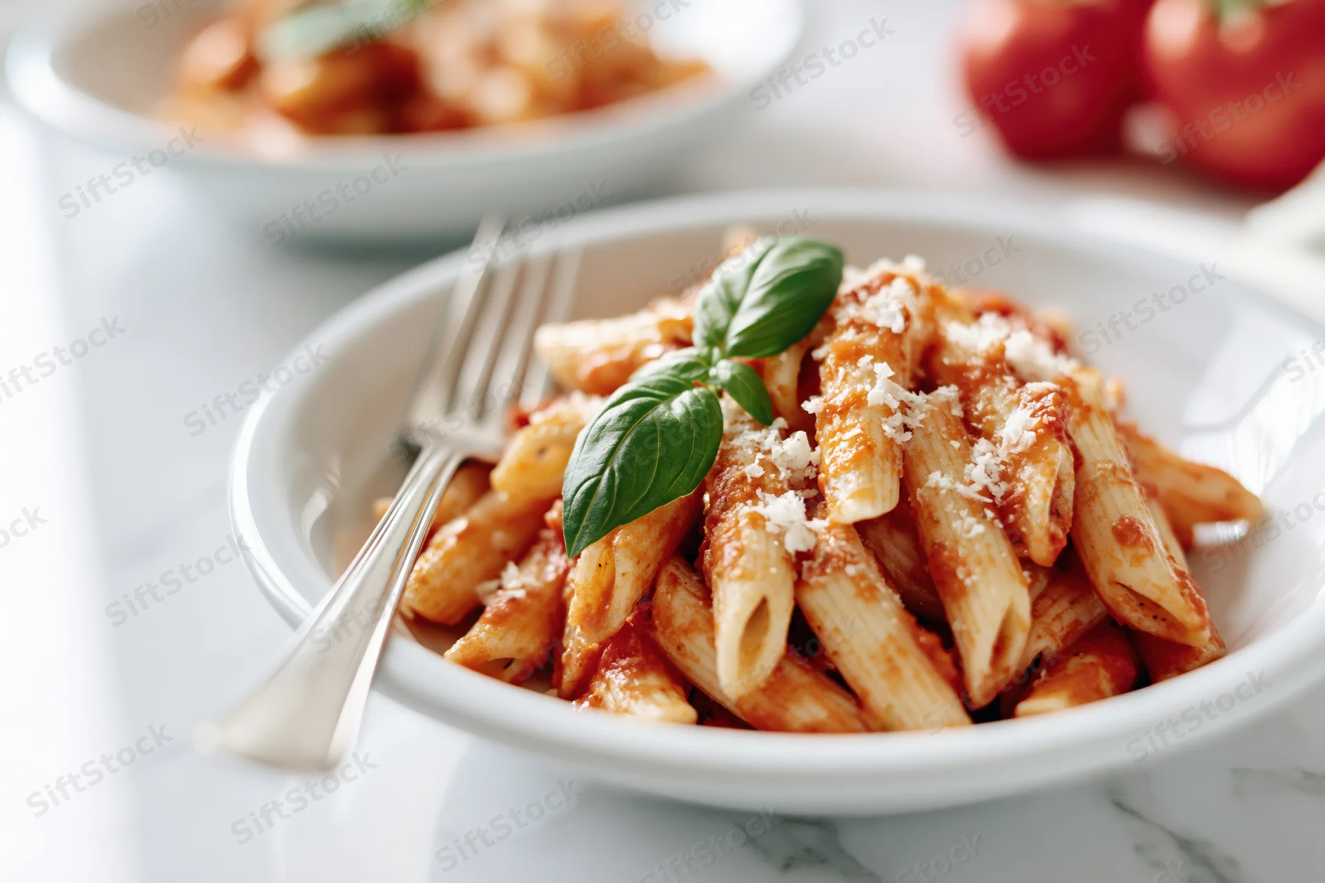 Penne pasta in tomato sauce with basil and parmesan on a white ceramic plate with a fork on a marble table
