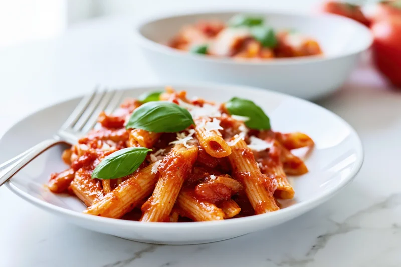 Penne pasta in tomato sauce with basil and parmesan on a white ceramic plate on a marble table