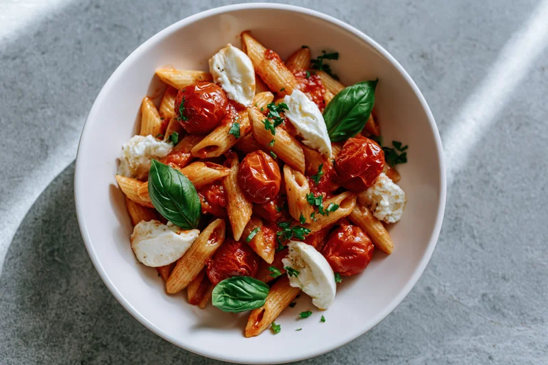 Penne pasta with roasted cherry tomatoes and torn mozzarella in a white bowl on a gray surface