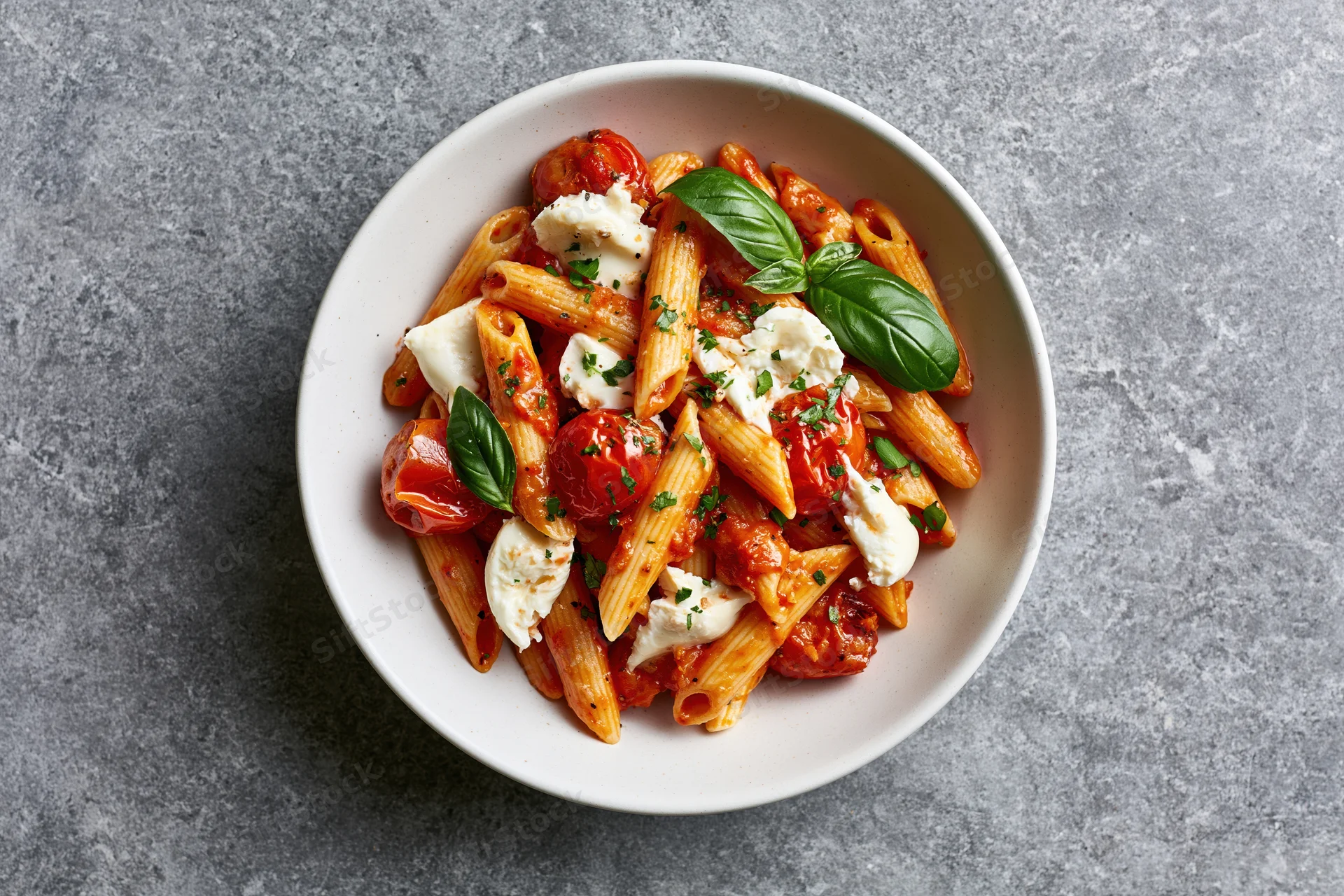 Penne pasta with roasted cherry tomatoes and torn mozzarella in a white bowl on a gray surface