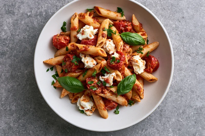 Penne pasta with roasted cherry tomatoes and torn mozzarella in a white bowl on gray surface
