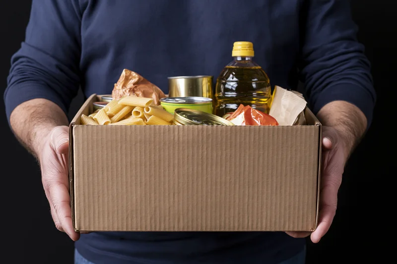 Man holding a cardboard box filled with food pantry donations
