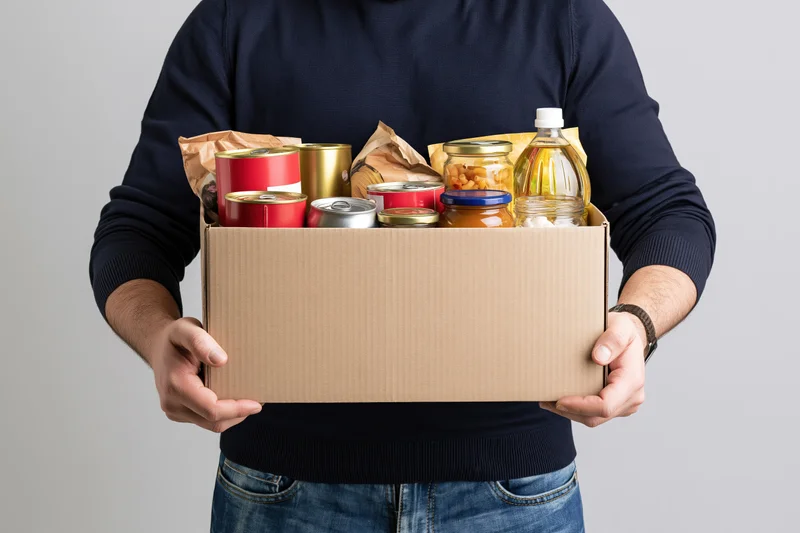Man holding a cardboard box filled with nonperishable food items