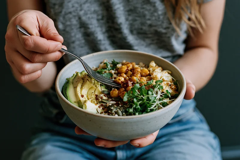Woman holding a ceramic bowl filled with a vegan grain bowl containing avocado, chickpeas, microgreens, and seeds, eating with a fork