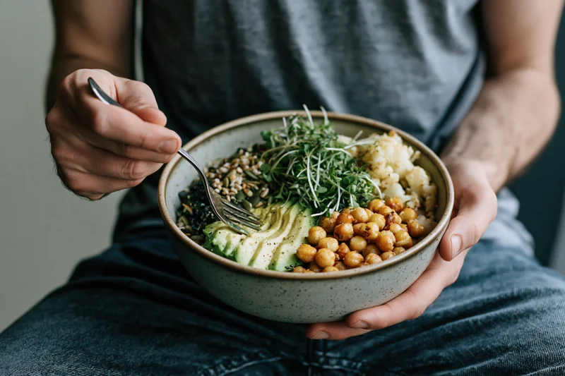 Man holding a ceramic bowl filled with a vegan grain bowl while eating with a fork, seated in casual clothing