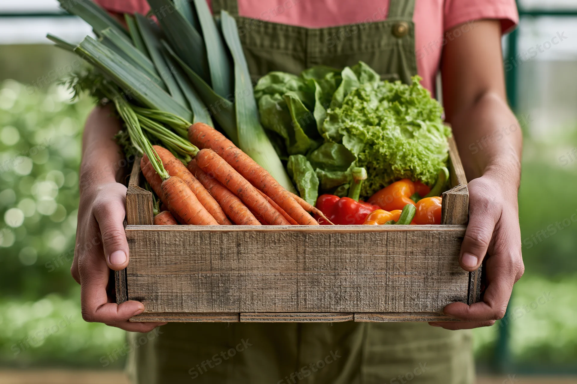 Woman holding wooden crate filled with fresh vegetables in garden