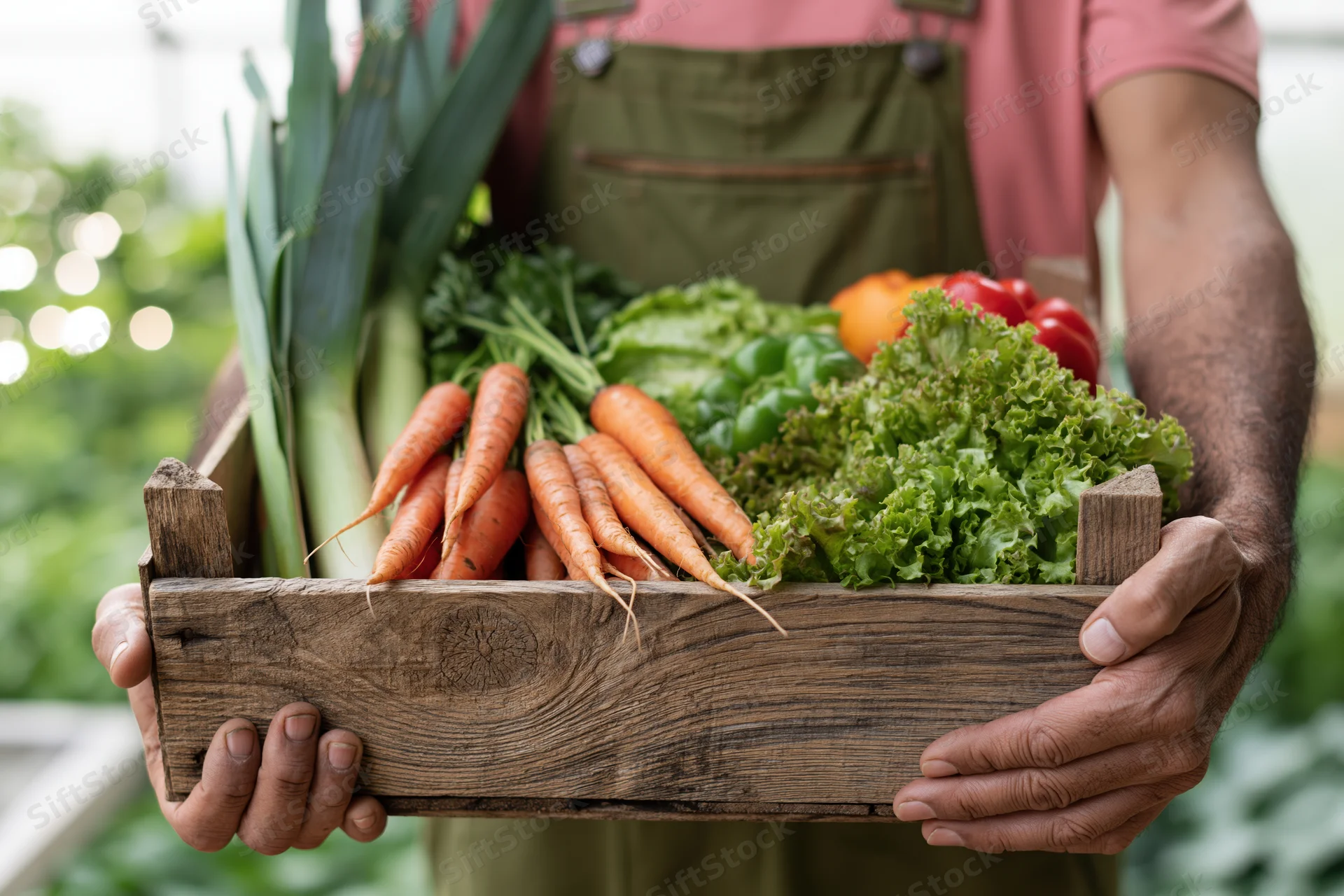 Farmer holding wooden crate filled with fresh vegetables in greenhouse