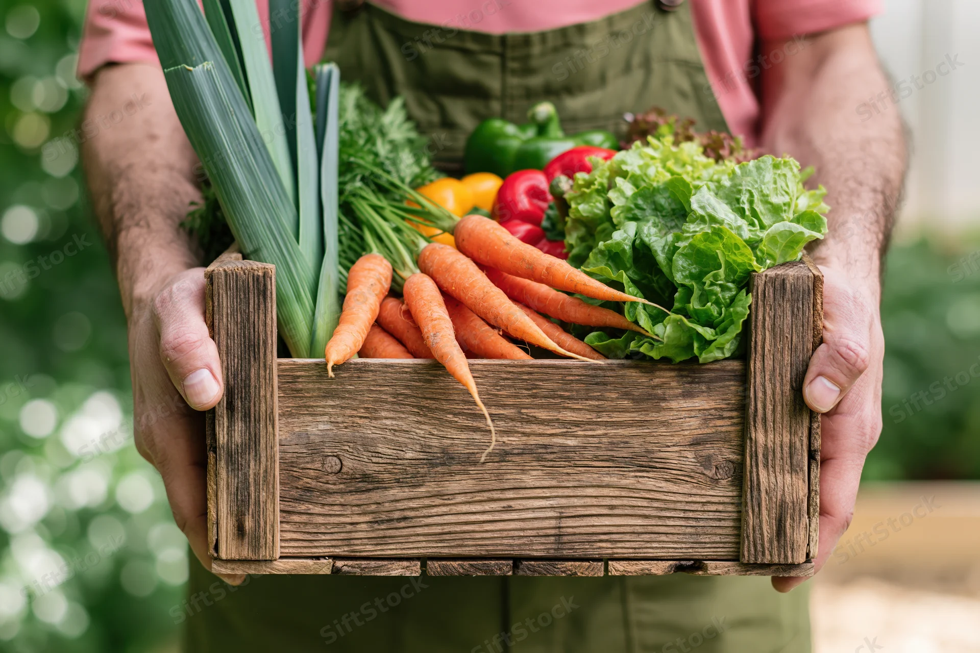 Farmer holding wooden crate filled with fresh vegetables in garden